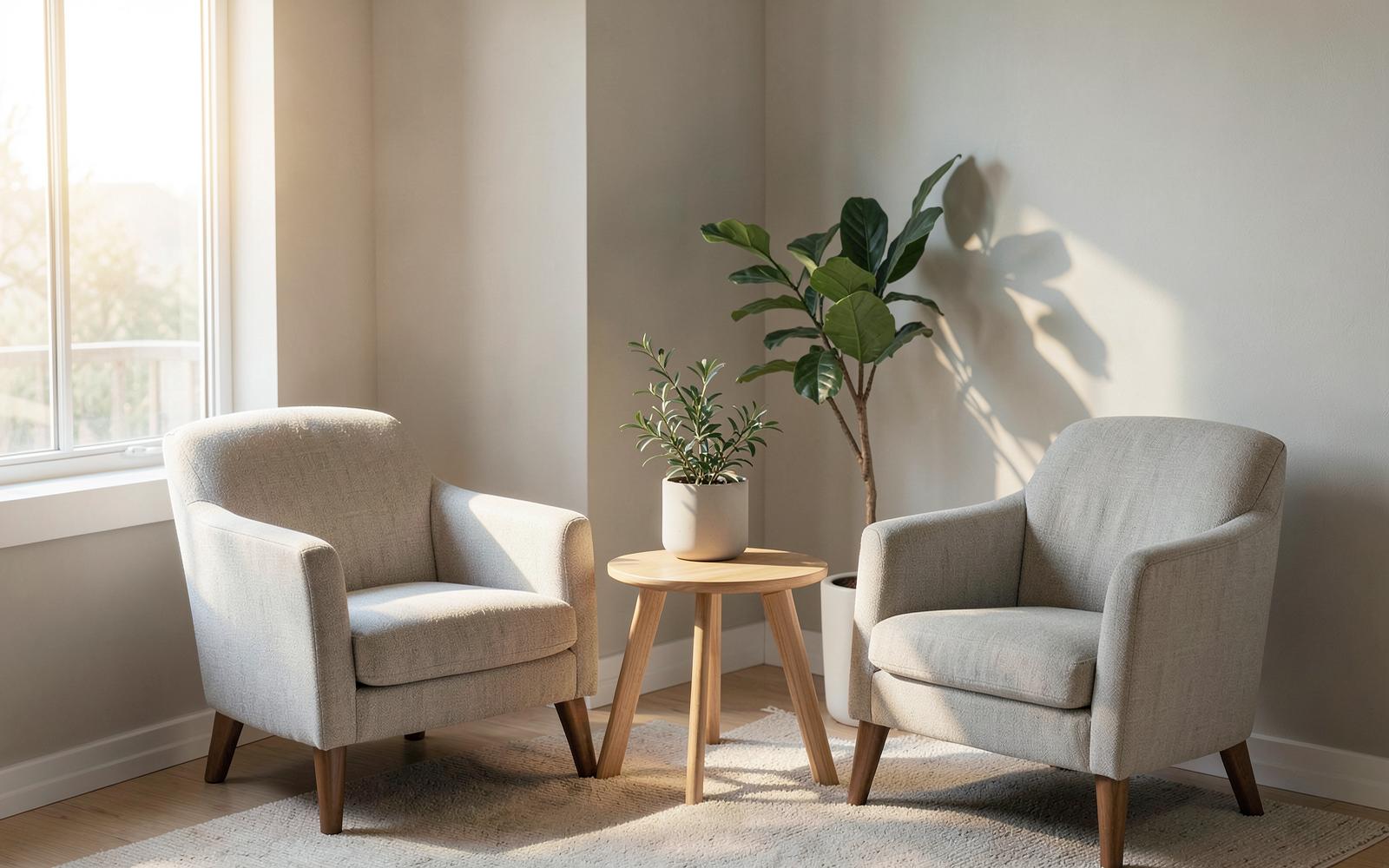Deux fauteuils face à face dans un espace lumineux et apaisant