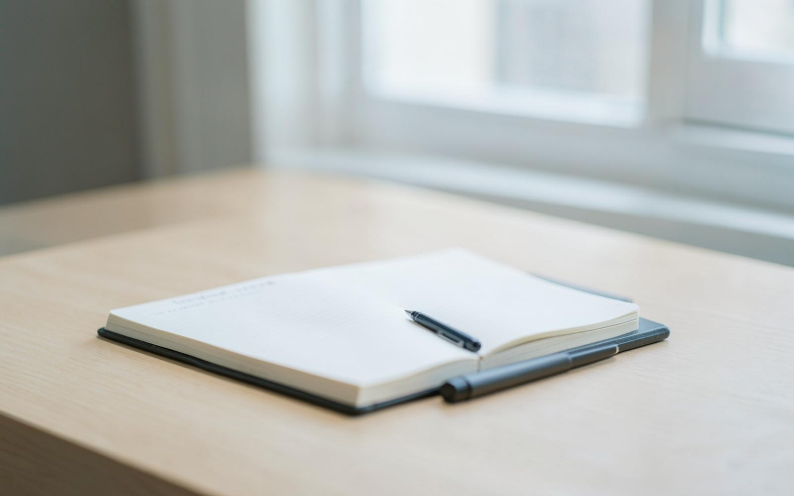 Carnet ouvert et stylo sur un bureau clair près d'une fenêtre